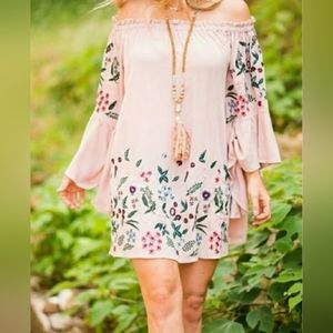 Umgee Women's Off Shoulder Bell Sleeve Floral Embroidered Mini Dress